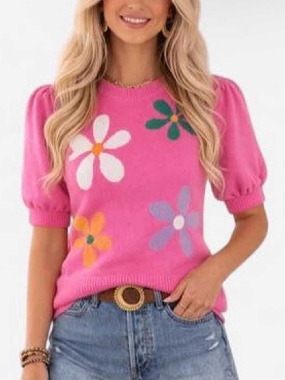 Pink Floral Puff-Sleeve Knit Sweater
